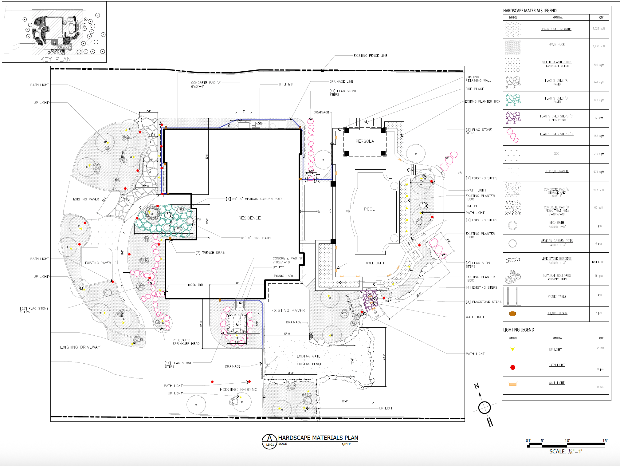 Hardscape materials plan illustrating layout, circulation, and material transitions